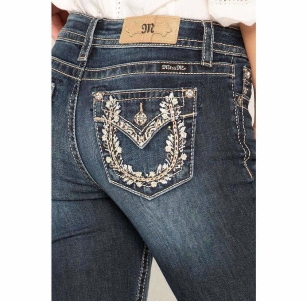 Miss Me Women's Boot Cut Jeans - Blue with White Embroidery
